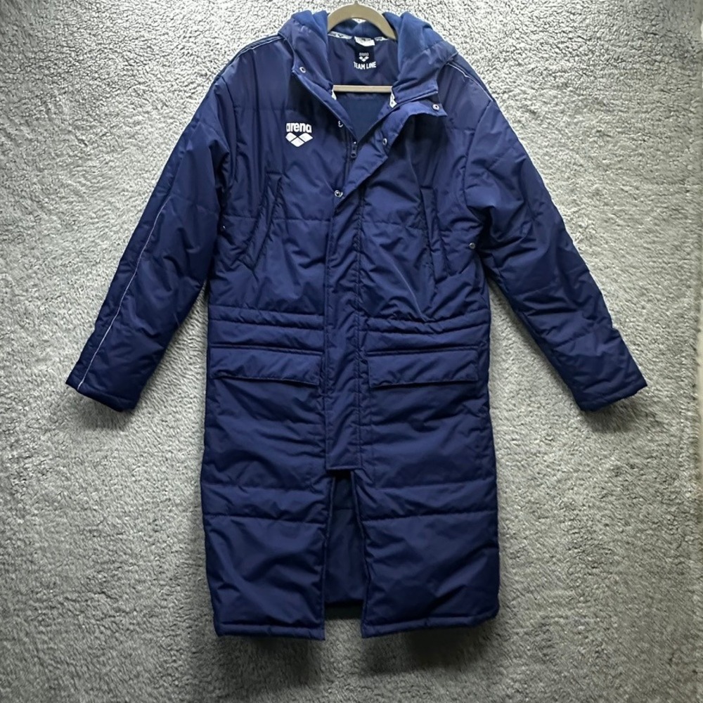 Arena Team Line Women's Medium Long Parka Blue Swim Lined Coat Hooded Warm EUC